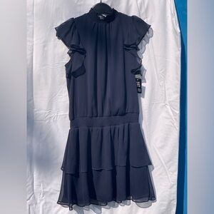 Express XS High Neck Navy Smocked Waist Ruffled Mini Dress